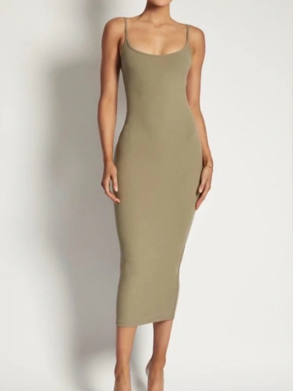 MESHKI Alexis Bodycon Ribbed Midi Cami Dress in Olive Green - Size XS